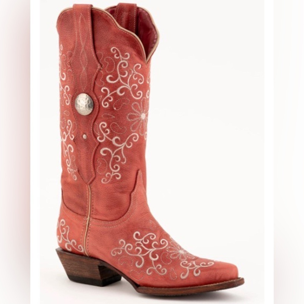 FERRINI Bella Floral Embroidered Red Square Toe Tall Western Boots Size 7 1/2